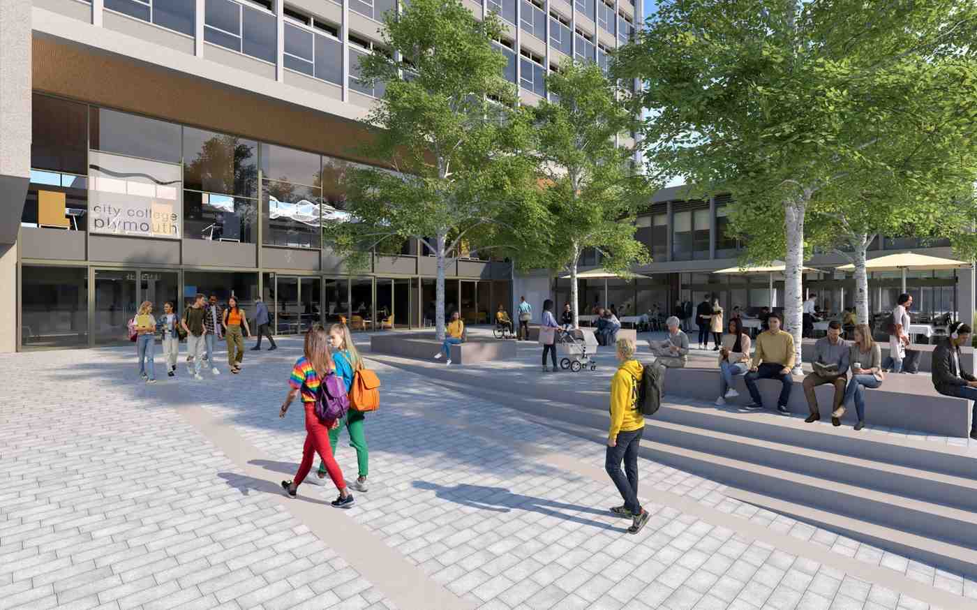 Artist's impression of Plymouth Civic Centre and the renewed public realm from Civic Square