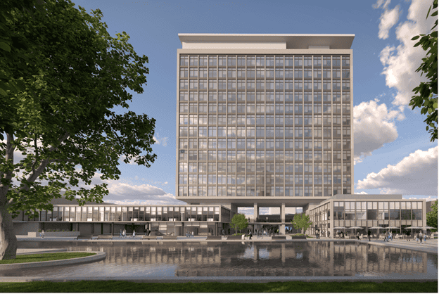 Front elevation concept for the restored Plymouth Civic Centre tower and podium